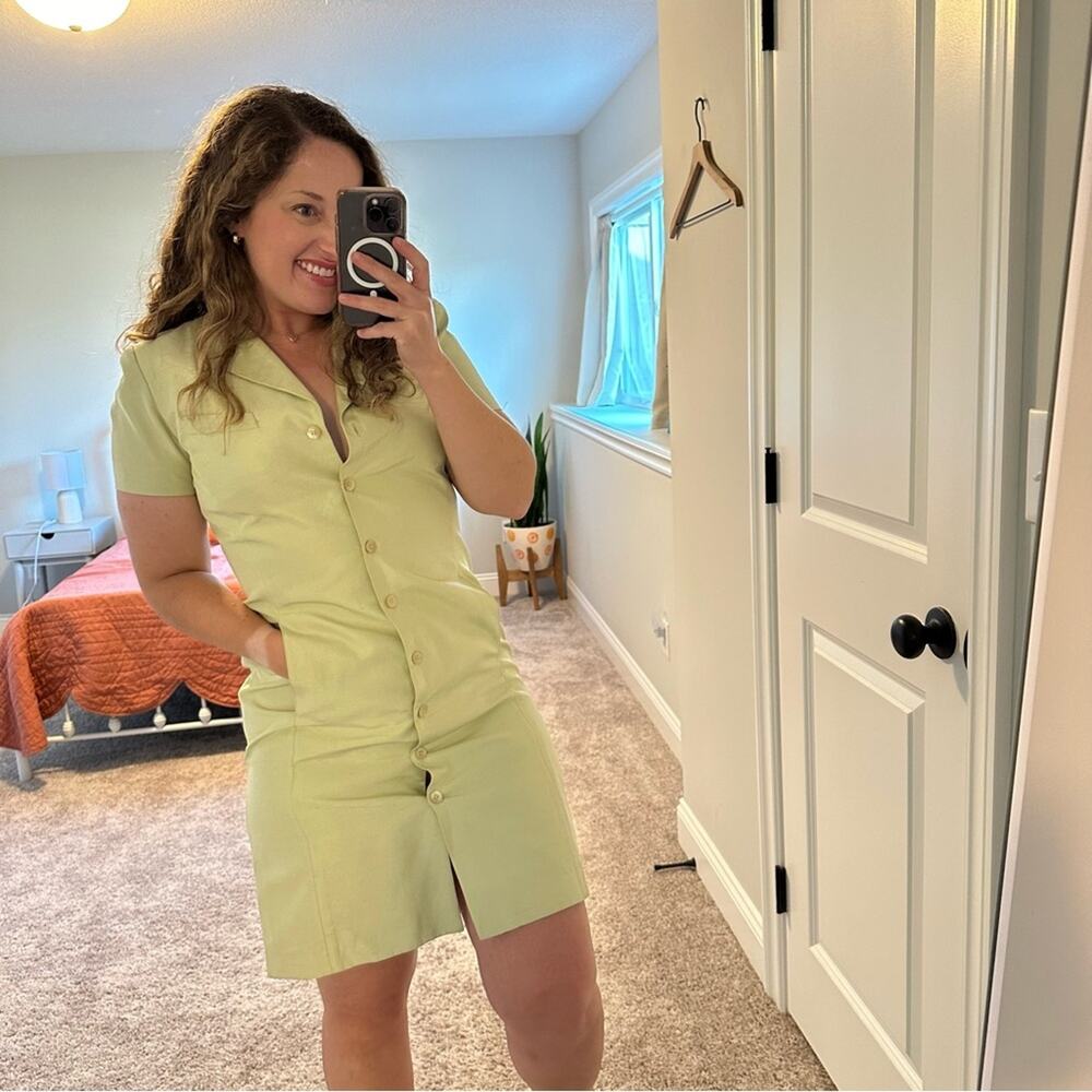 Vintage Liz Claiborne Green Raw Silk Button Front Mini Dress XS - Picture 3 of 14